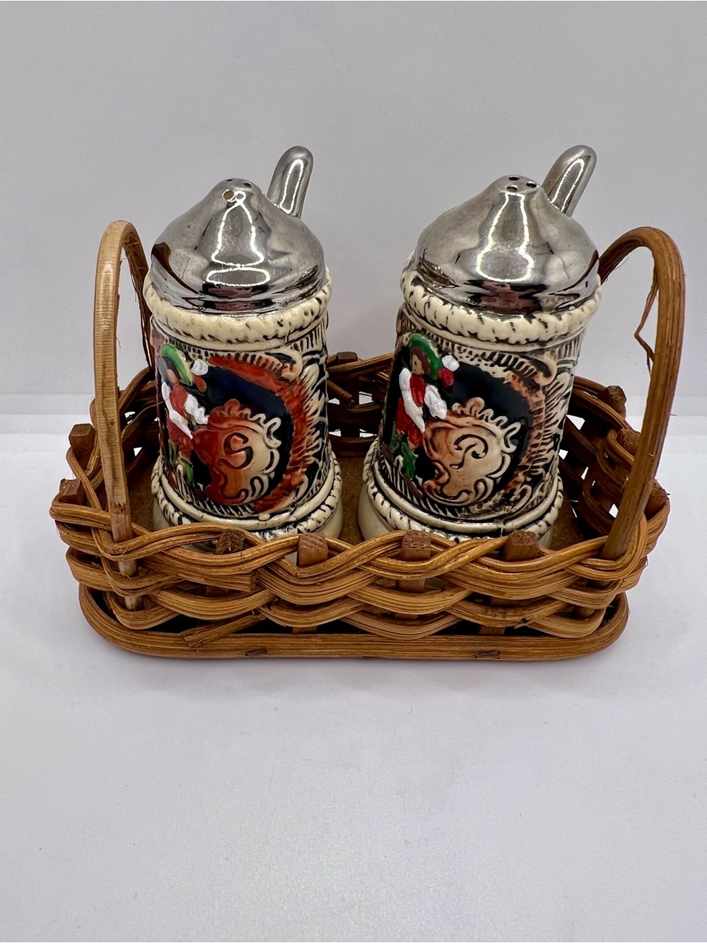 Vintage King German Beer Stein Salt & Pepper Shakers - Wicker Caddy Oktoberfest